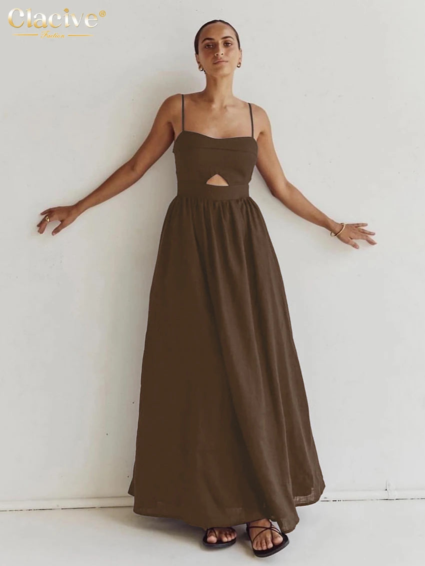 Clacive Sexy Lose Schwarz Baumwolle Damen Kleider 2024 Sommer Strap Ärmellose Knöchel Länge Kleid Elegante Aushöhlen Weibliche Kleid