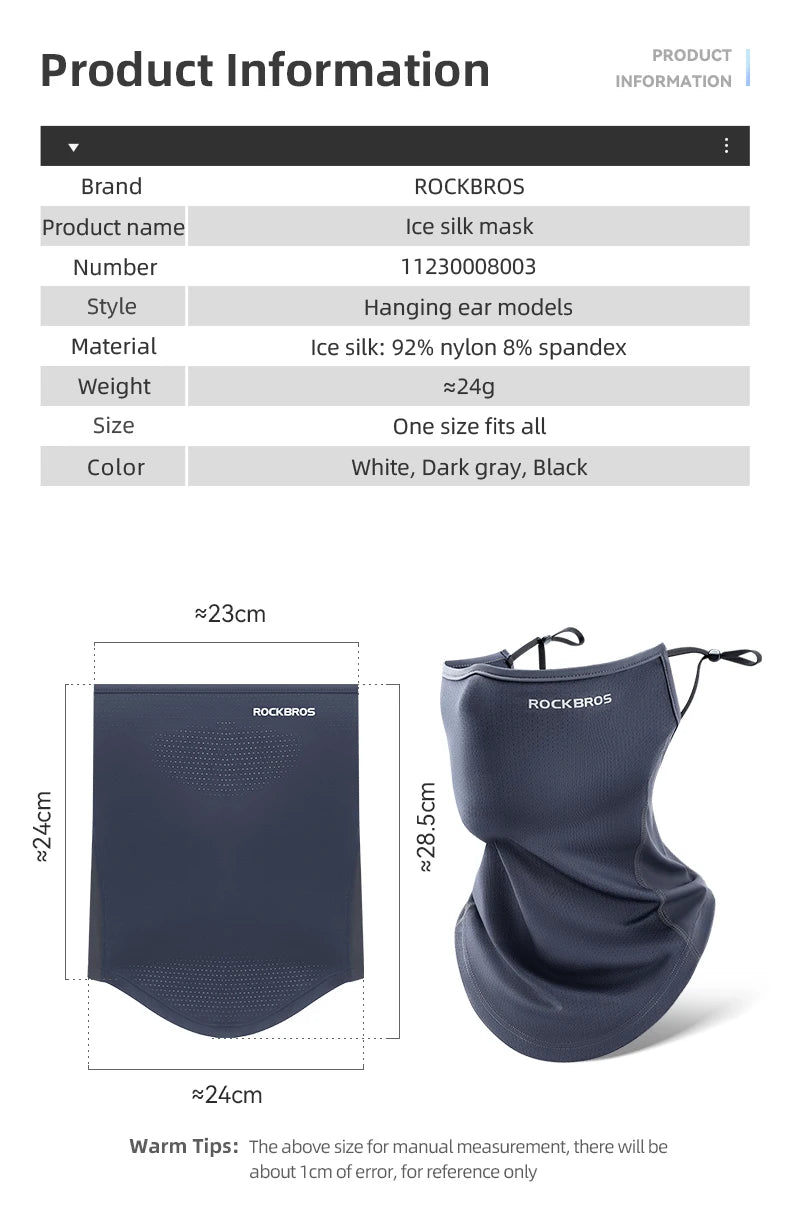 ROCKBROS Summer Ice Silk Cycling Face Mask Breathable Anti-UV Bicycle Face Neck Cover Bandana MTB Road Sport Hanging Ear Scarf