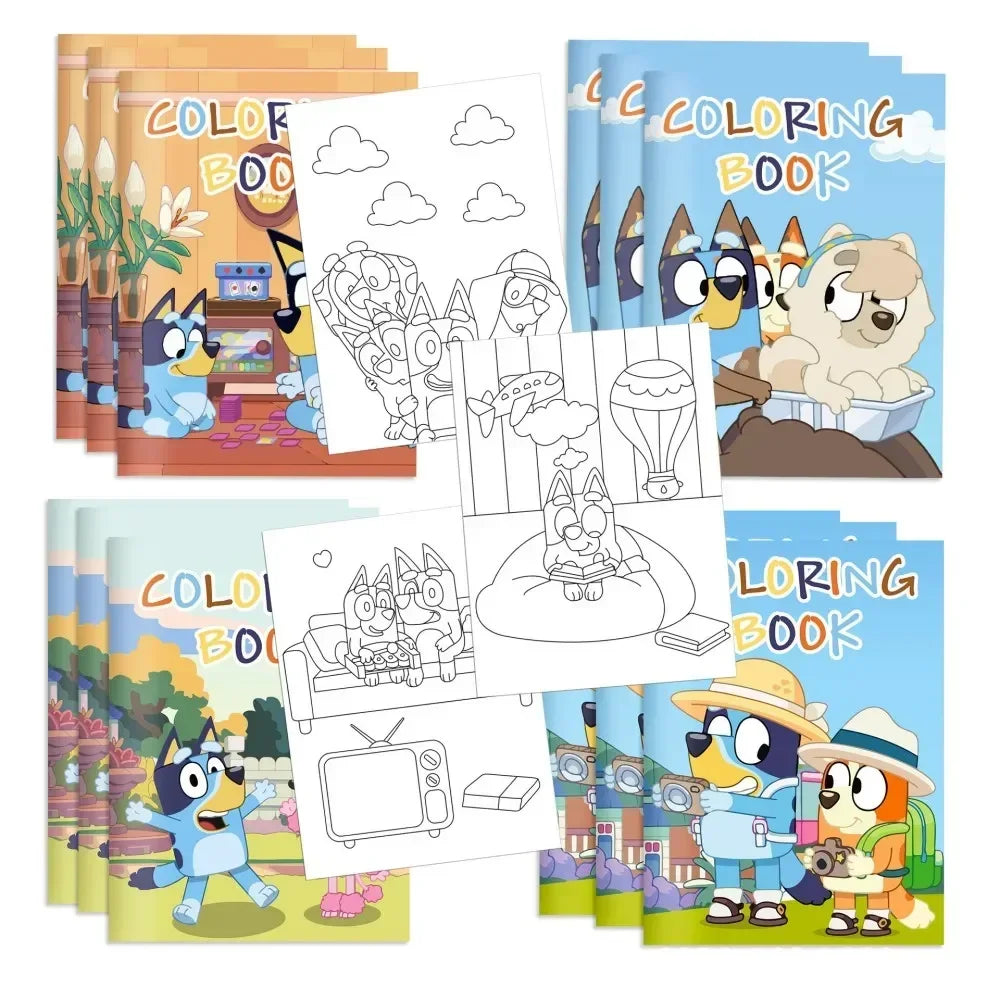 12er-Set Bluey Blue Dog DIY Malbuch für Feiertage und Partys, farbenfrohes Stoff-Zeichenbuch, halbierbares Bilderbuch, Graffiti-Malbuch