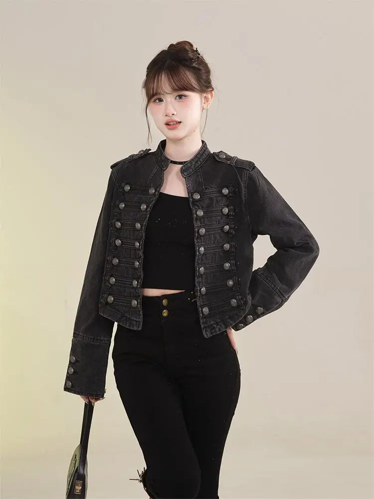 Damenbekleidung Kurzmantel Neue Jeansjacke Retro-Knopfdesign Schlanker Stehkragen Lange Ärmel Jeansoberteil Jacke Kurzmantel