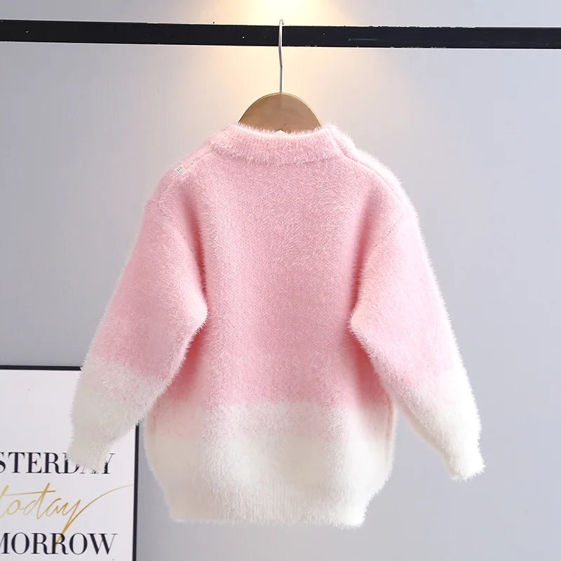 Herbst Winter Teenager Mädchen Pullover verdickt Kunst Nerz Pelz Kinder Strickpullover Junior Kinder 3D Fliege warme Basis Top Kleidung
