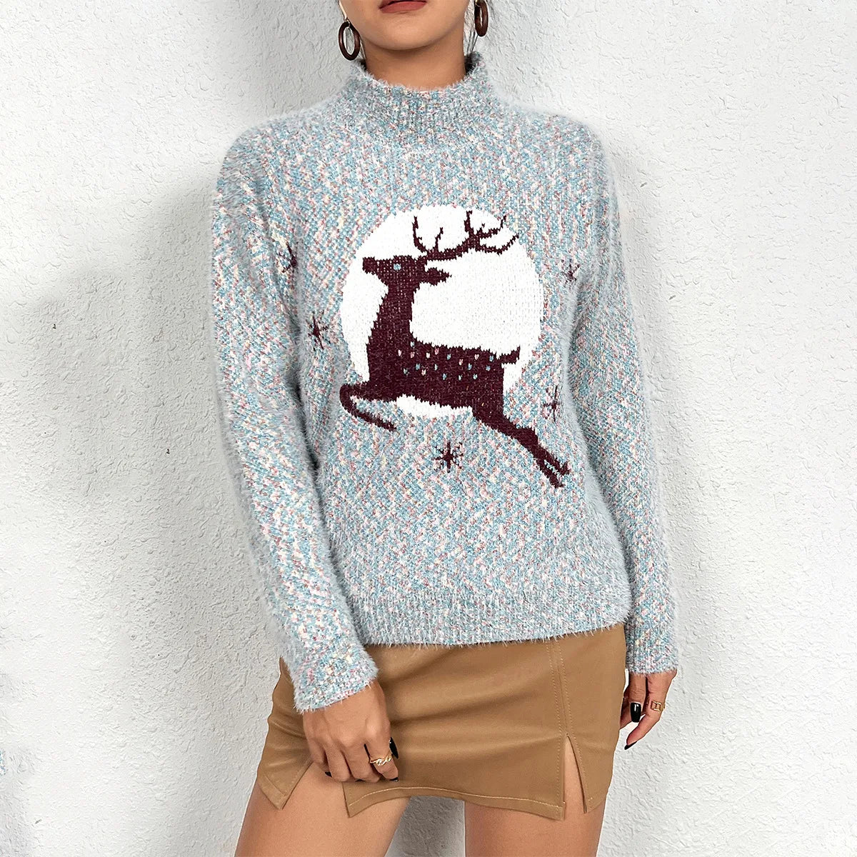 Vintage Herbst Mode Damen Mittelhoher Halsausschnitt Elch Weihnachtsmode Druck Pullover Langarmpullover О гроут Tinggi فسات فщин