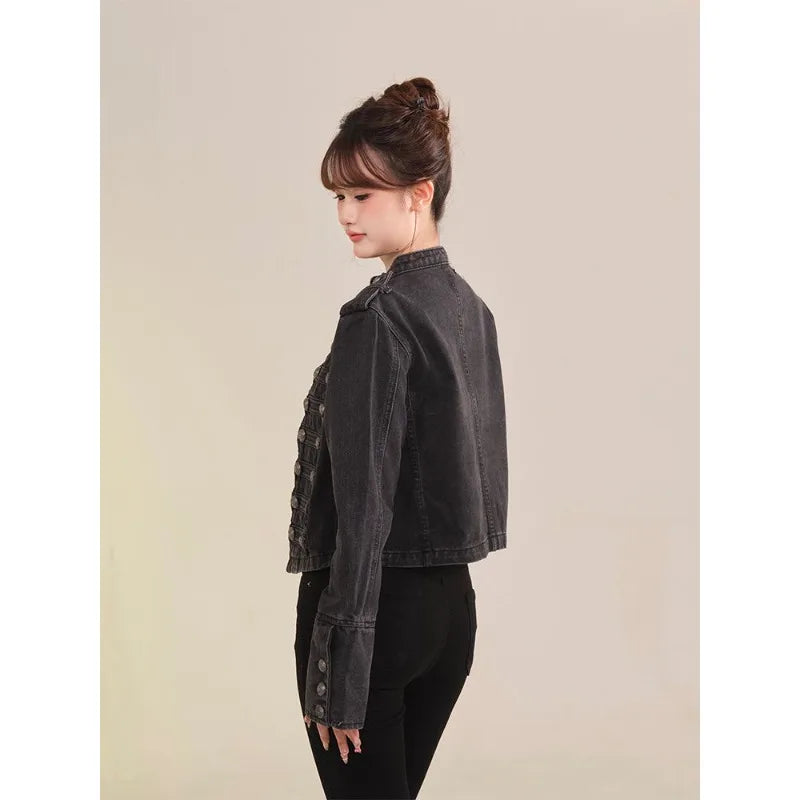 Damenbekleidung Kurzmantel Neue Jeansjacke Retro-Knopfdesign Schlanker Stehkragen Lange Ärmel Jeansoberteil Jacke Kurzmantel
