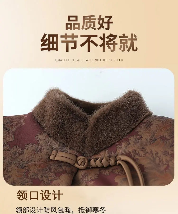 Damenmantel im chinesischen Stil mit Blumenmuster, gefüttert mit Fleece, aus Baumwolle, dicker Wintermantel, Tang-Anzugjacke für ältere Damen, Mütter und Großmütter.