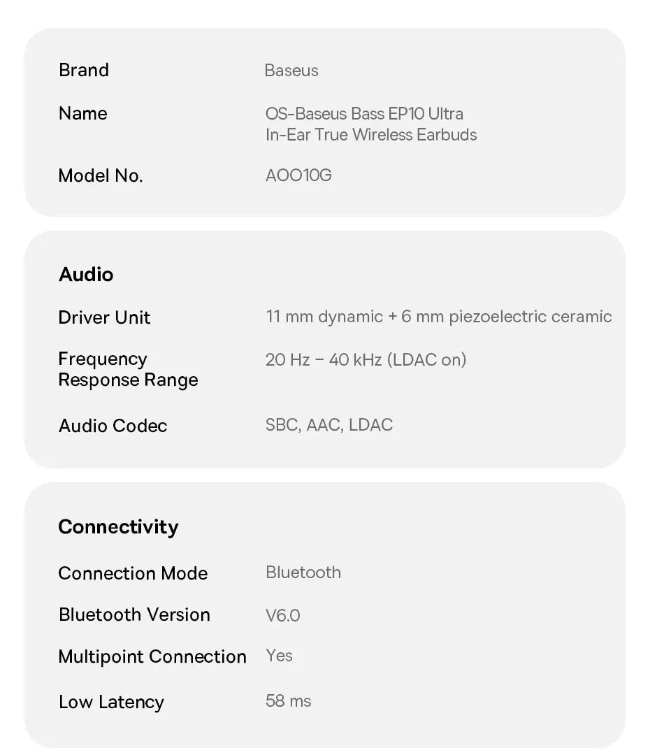 Baseus Bass EP10 Ultra Kabellose Kopfhörer -55dB Geräuschunterdrückung 65 Std. Lange Spielzeit Bluetooth 6.0 Ohrhörer 6 Mikrofone KI-Anruf-Klarsprechfunktion