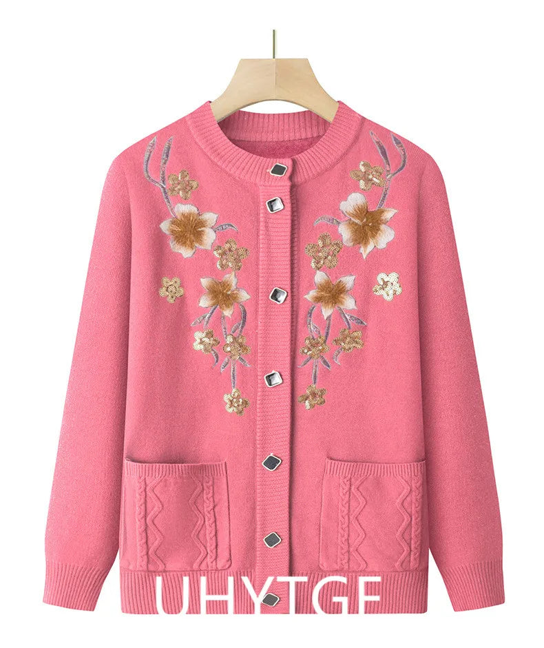 Herbst Winter warme Pullover Jacke Damen Print mittleren Alters Mutter Strickjacke Oma plus Samt Strickjacke Mantel weiblich 2915