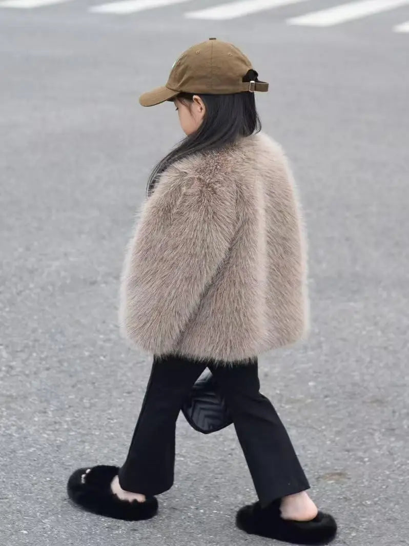 Gefälschte Pelz Mädchen Jacke Herbst Winter Neue Einfarbig Dicke Warm Halten Einreiher Mantel Für 3-10 Jahre mädchen Mode Oberbekleidung