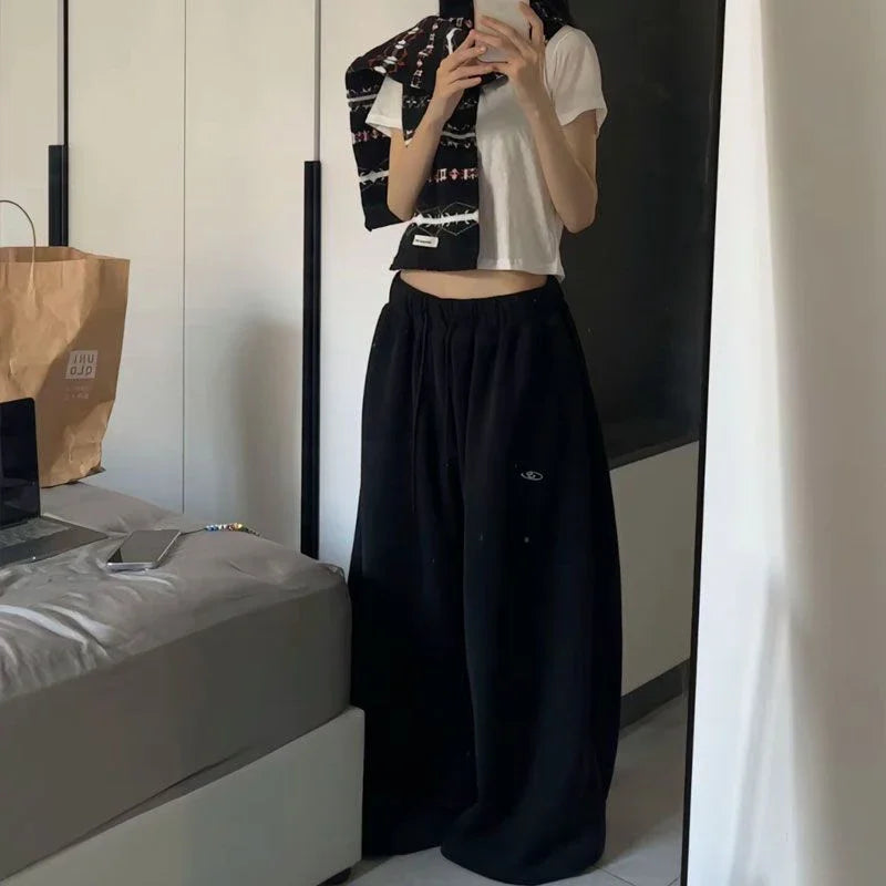 Amerikanischen Retro Hip-Hop Übergroßen Frau Schwarz Casual Jogginghose Koreanische Streetwear Lose Jogging Hosen Hohe Taille Breite Bein Hosen