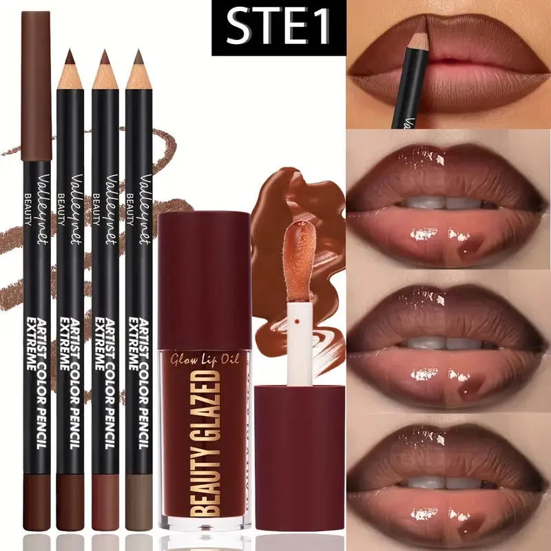 4-teiliges Lippen-Set – 3 Stück Lipliner + 1 Stück Lip Glaze, wasserfest und langanhaltender mattierter Effekt, vielseitig einsetzbar für lässige und formelle Anlässe.