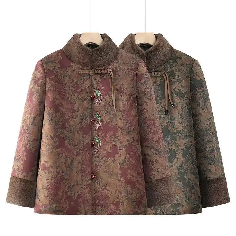 Damenmantel im chinesischen Stil mit Blumenmuster, gefüttert mit Fleece, aus Baumwolle, dicker Wintermantel, Tang-Anzugjacke für ältere Damen, Mütter und Großmütter.
