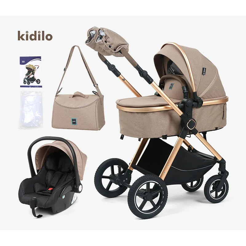 Drei-in-eins-Kinderwagen mit hoher Sicht und Autositz, Mamatasche, Kinderwagen zum Sitzen und Liegen, tragbarer Kinderwagen