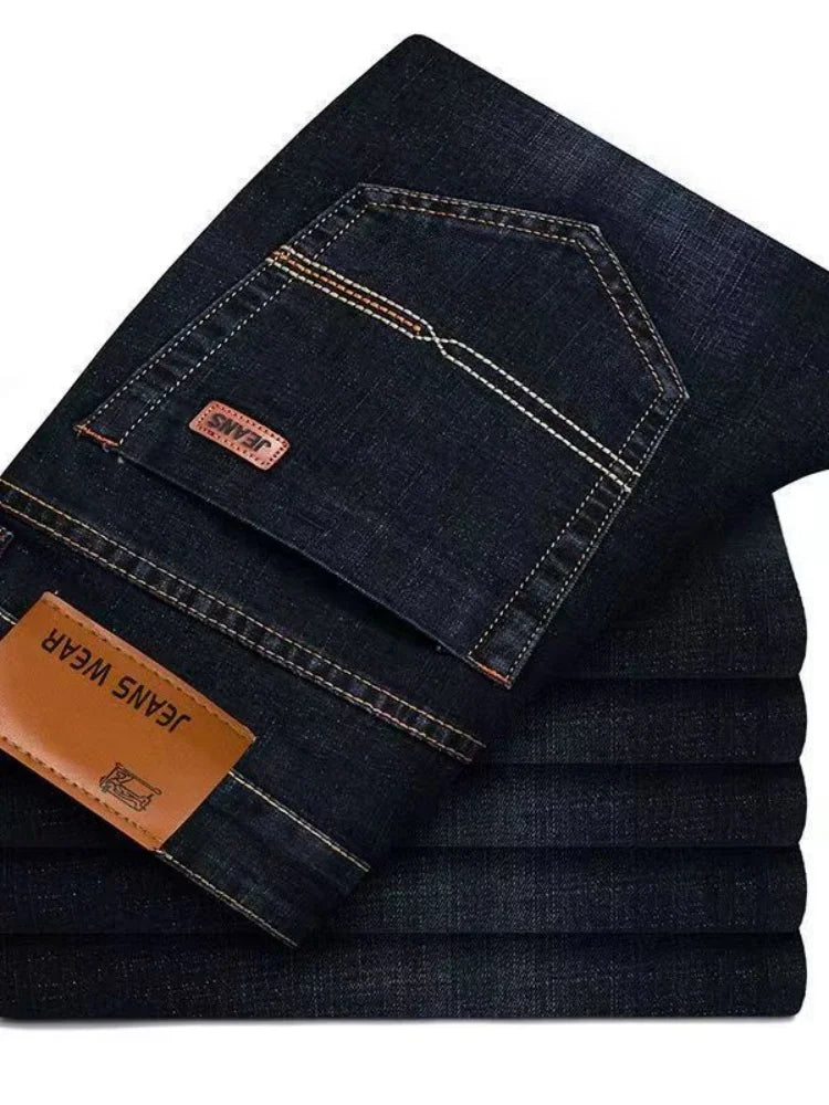 Men's Jeans, Casual Straight Leg Work Jeans, Elastic, Fashionable, Classic, Blue and Black, Men's Branded Clothing