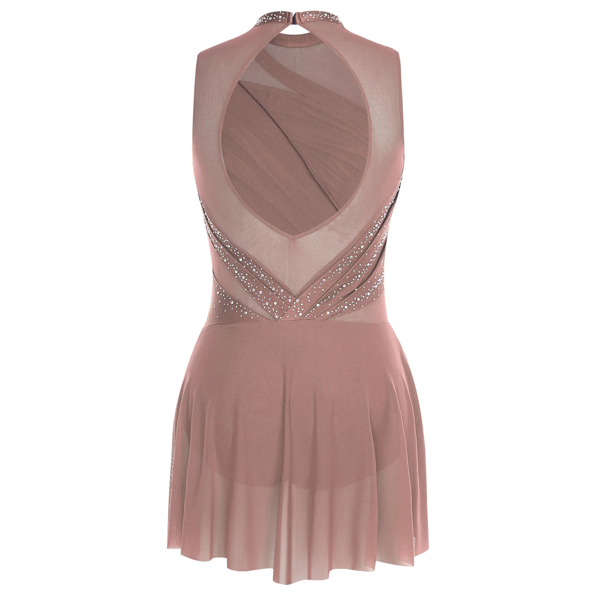 Damen-Ballettkleid mit Rüschen, lyrisches Tanzkleid, runder Kragen, ärmellos, Strass, rückenfrei, für Bühnenauftritte, Wettbewerb