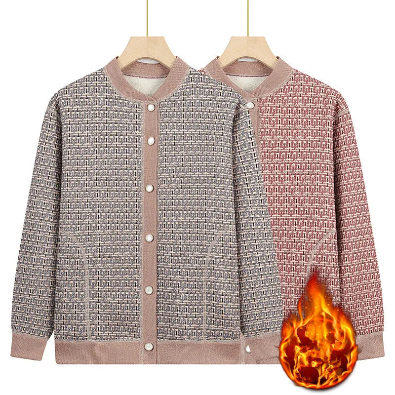 Verdicken Samt Plaid Pullover Für Frau Langarm Top Heißer Herbst Winter Oma Kleidung Warme Strickjacke Frauen Strickwaren Jacke