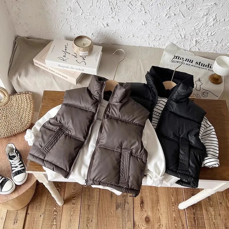 Herbst Winter Neue Jungen Mädchen Weste Einfarbig Dicke Warme Daunen Baumwolle Zipper Weste Für 3-12 Jahre Teen kinder Casual Oberbekleidung