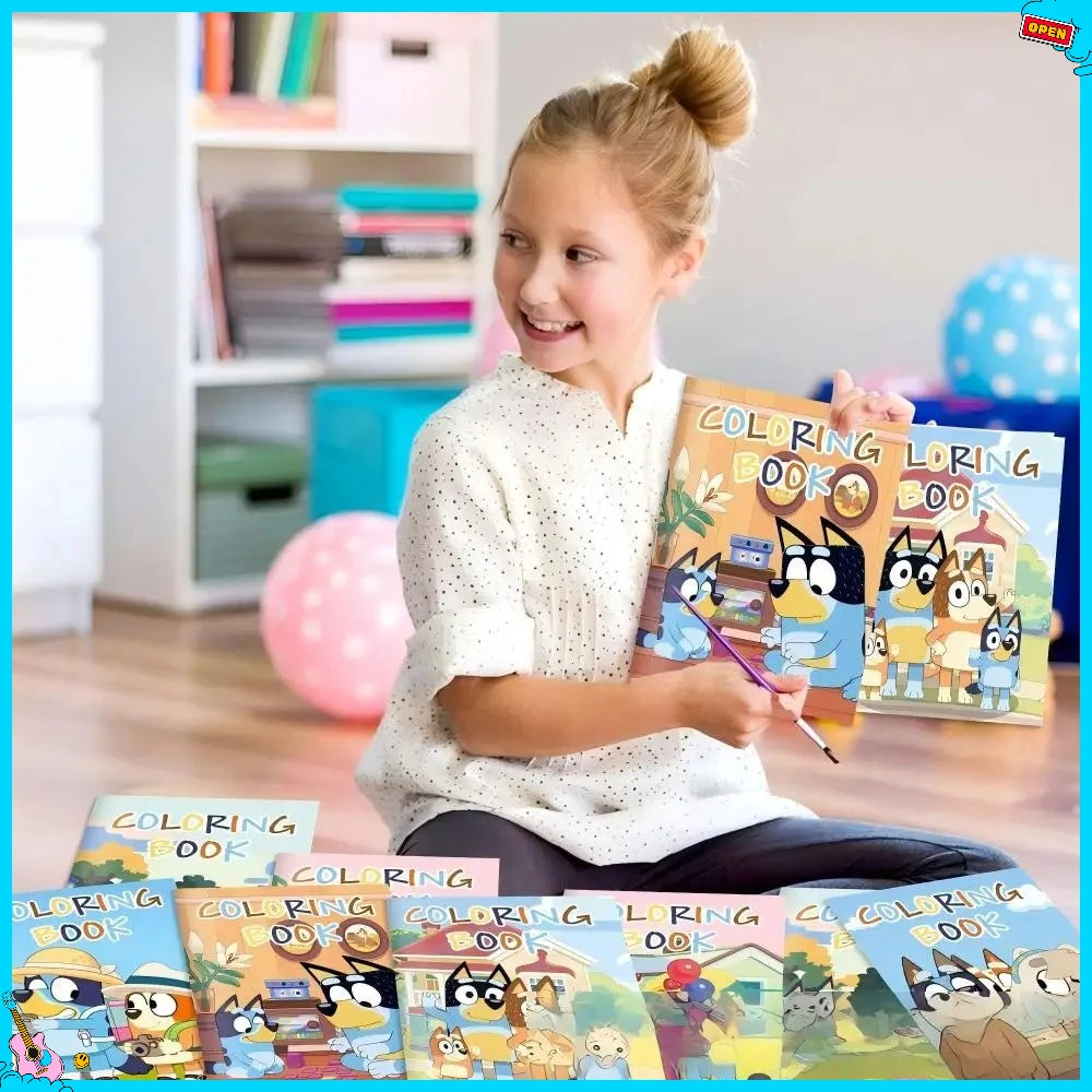 12er-Set Bluey Blue Dog DIY Malbuch für Feiertage und Partys, farbenfrohes Stoff-Zeichenbuch, halbierbares Bilderbuch, Graffiti-Malbuch
