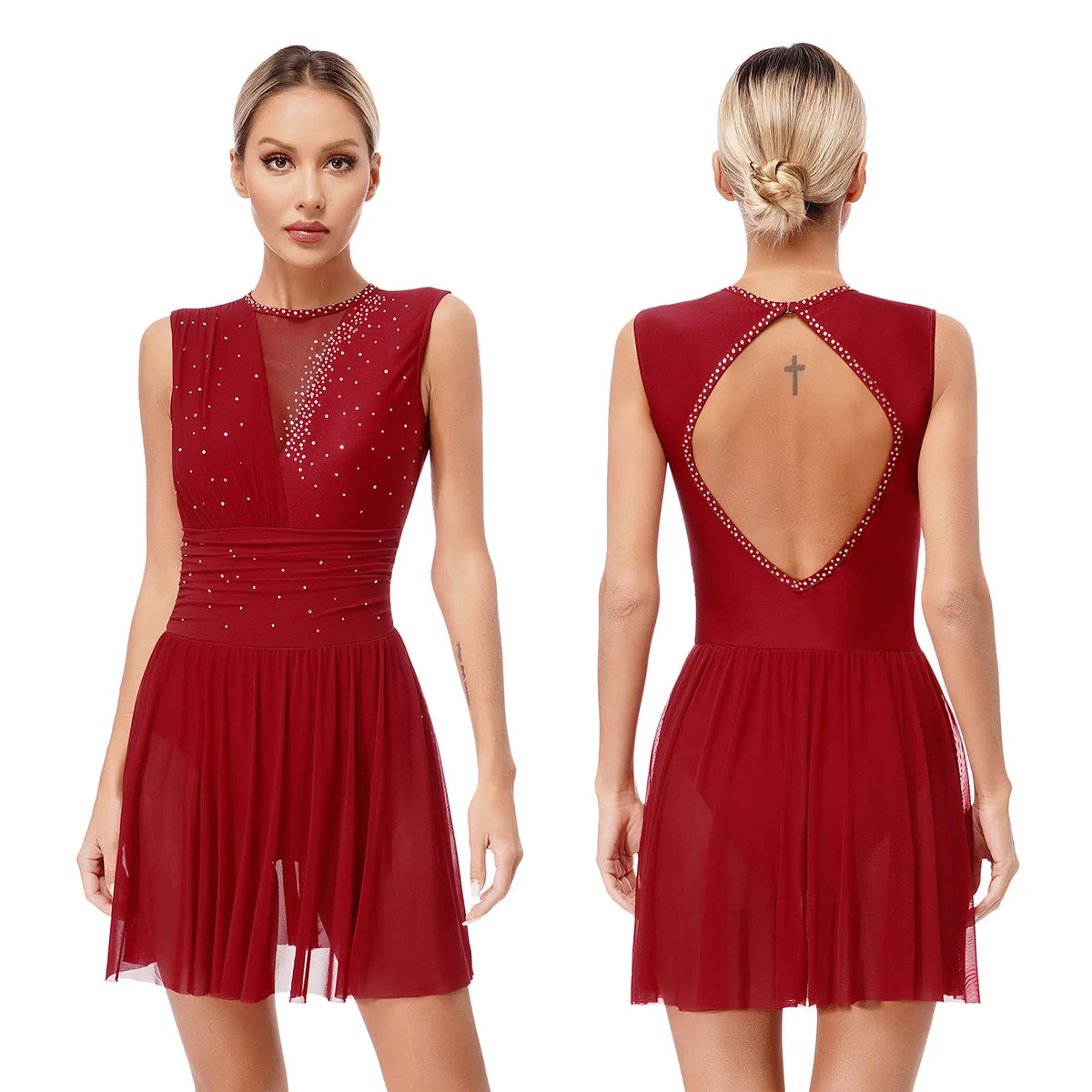 Damen-Ballettkleid mit Rüschen, lyrisches Tanzkleid, runder Kragen, ärmellos, Strass, rückenfrei, für Bühnenauftritte, Wettbewerb