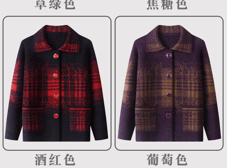 Strickjacke für Ältere Frauen mit Umlegekragen, Karomuster, Dick, Warm, mit Knöpfen, Wintermantel für Mütter und Großmütter