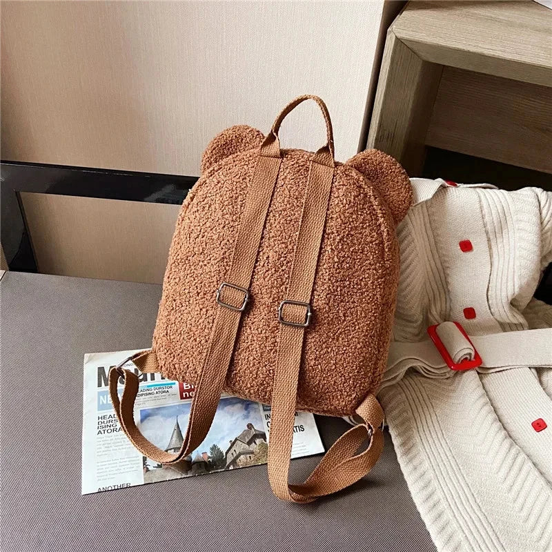 1 Stück Niedlicher Bärenohren-Fleece-Rucksack für Kinder Mädchen Lässiger Warmer Lammwoll-Tagesrucksack Schultasche Rucksack für Reisen und Einkaufen