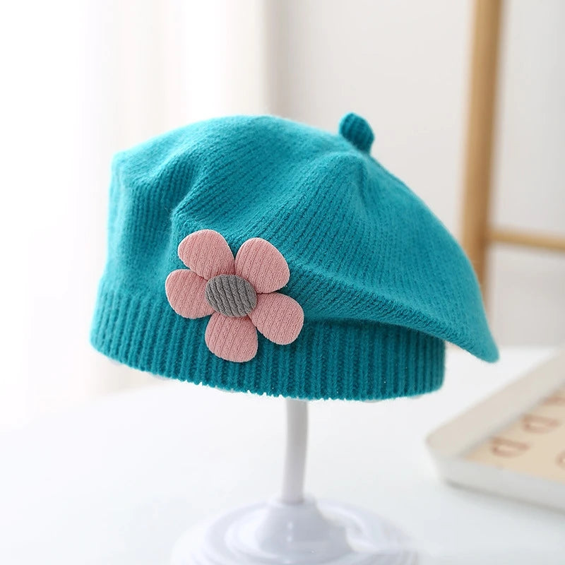 Blume Baby Baskenmütze Hut Winter Warme Gestrickte Beanie Cap für Kleinkind Mädchen Koreanische Kleinkind Prinzessin Künstler Einfarbig Maler Kappen