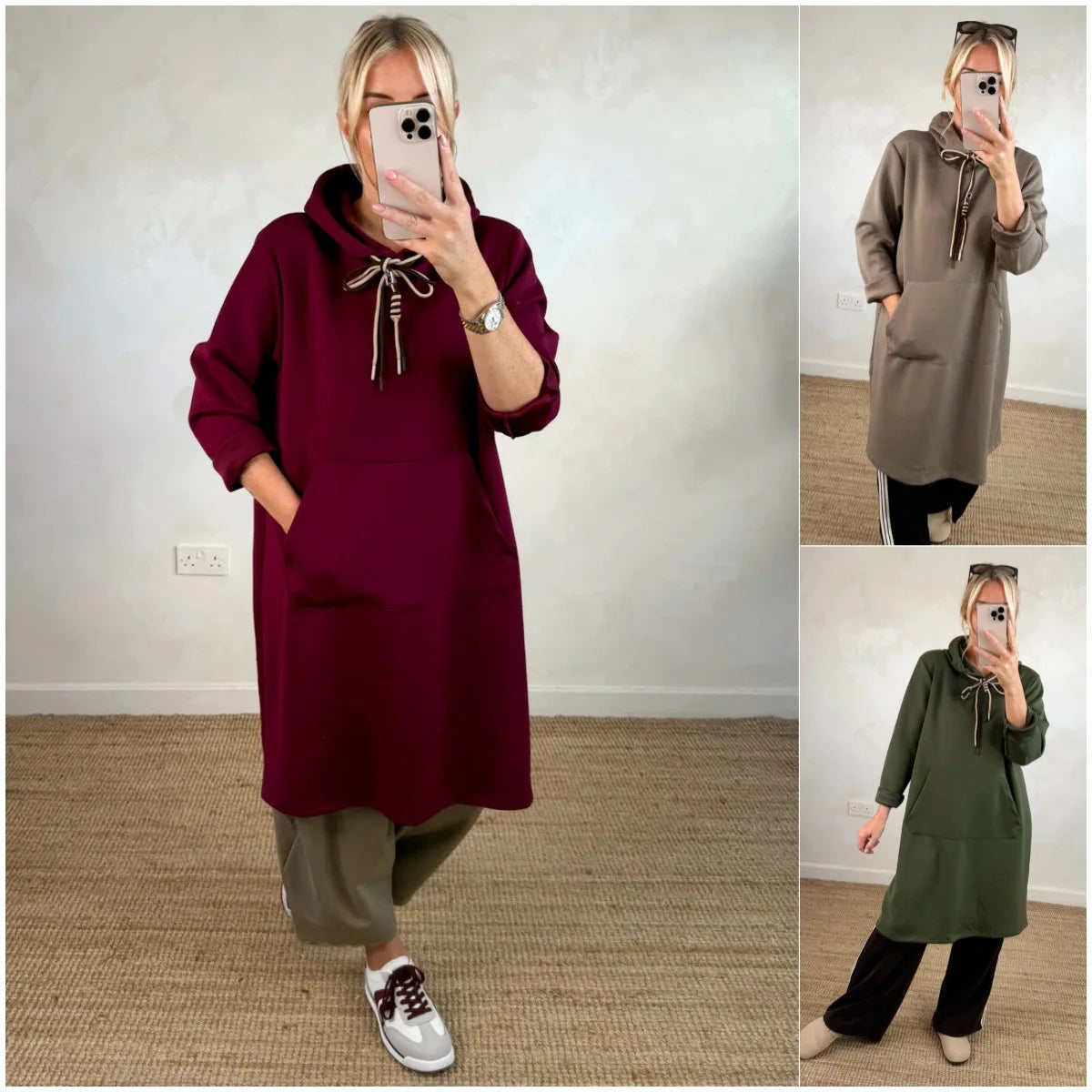 Kleider Damen Herbst Herbst Winter Mit Kapuze Sweatshirt Kleid Frauen Neue Tasche Büro Pendeln Alle-spiel Einfarbig Gestrickte Kleid