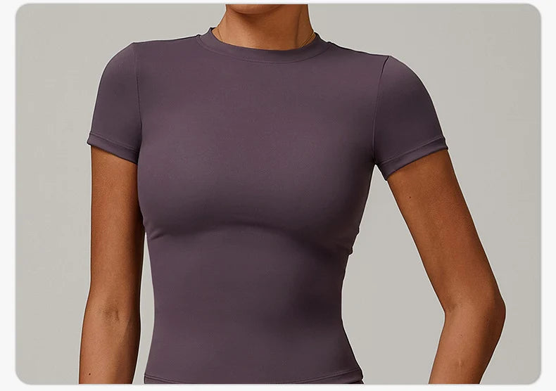 Damen-Sport-T-Shirt, Sommer, kurzärmelig, Laufen, Rundhalsausschnitt, atmungsaktiv, dehnbar, Fitnessstudio, Yoga, schlank, Fitness, aktives Top-T-Shirt