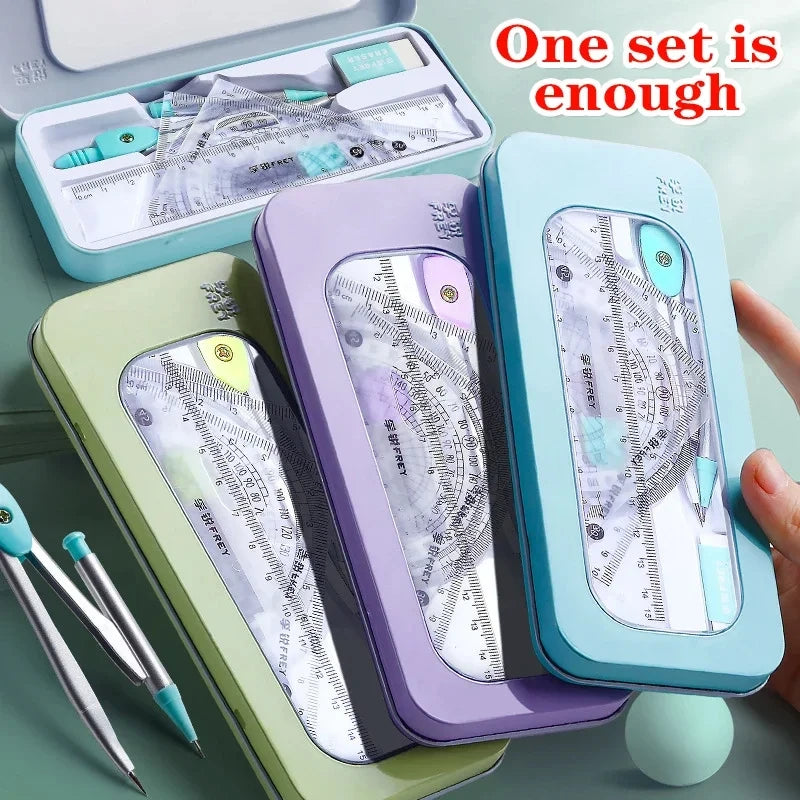 7-teiliges Kompass- und Lineal-Set, dreieckiges Lineal, Winkelmesser, Gummi, für Studenten, Prüfungen, spezifisches Lineal, Box-Set, Lineal-Set, Schule beginnt