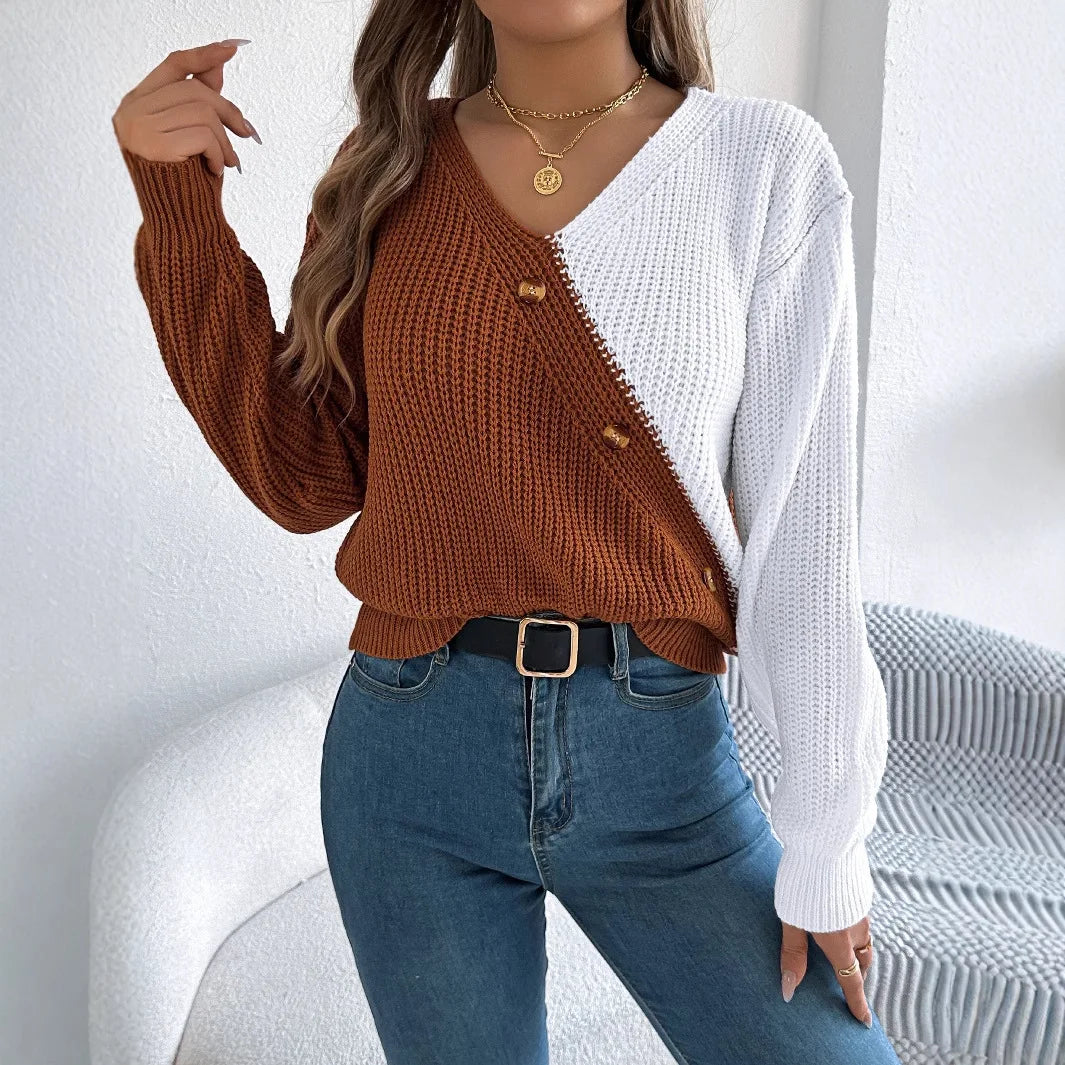 V-Ausschnitt, farbblockierender, langärmliger Strickpullover, lockerer, vielseitiger Pullover, Kazak, eleganter Pullover für Damen, Herbstmodus