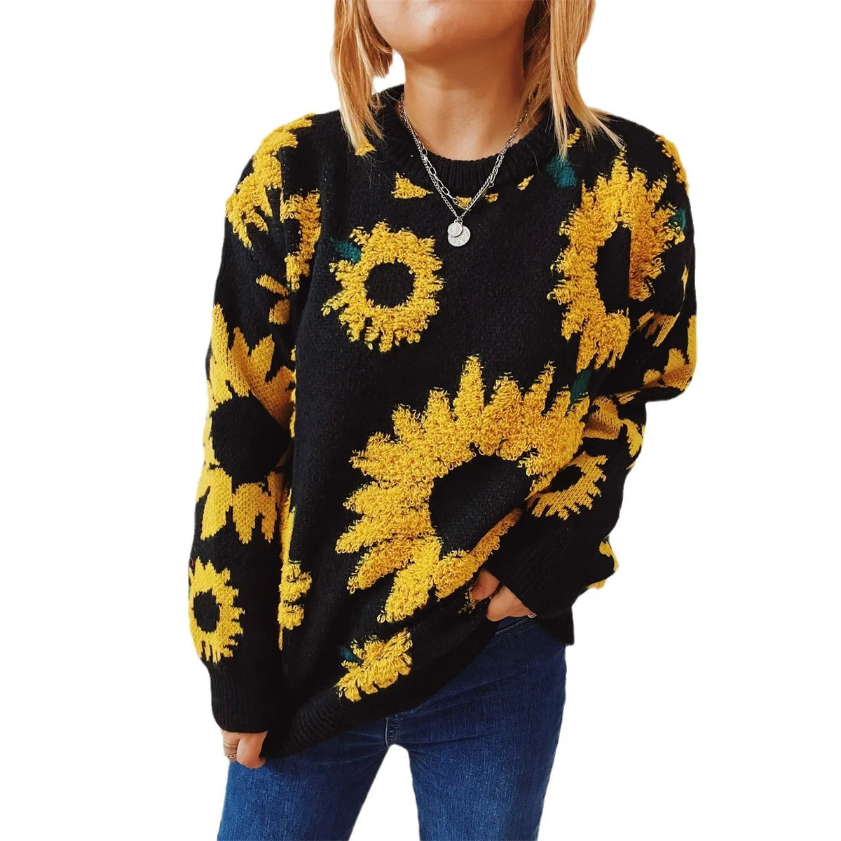 Damen Herbst Pullover Damen Mode Rundhalspullover mit Blumendruck, vielseitig einsetzbar für Herbst und Winter Herbst Pullover Damen