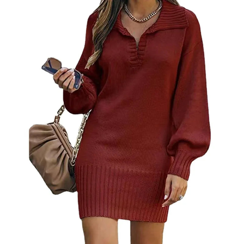 Kleider Damen Herbst Einfarbig Revers Lange Ärmel Einfarbig frauen Büro Pendeln Kleid Roupas Para Festa A Noite Feminina