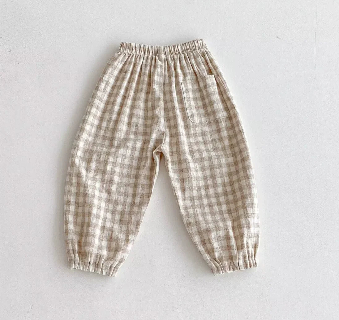 Frühling Sommer Jungen Gestreifte Weite Hosen Baby Mädchen Vintage Lässige Leinen-Baumwoll-Harlan-Hosen Kinder Schnürhose Kinderkleidung