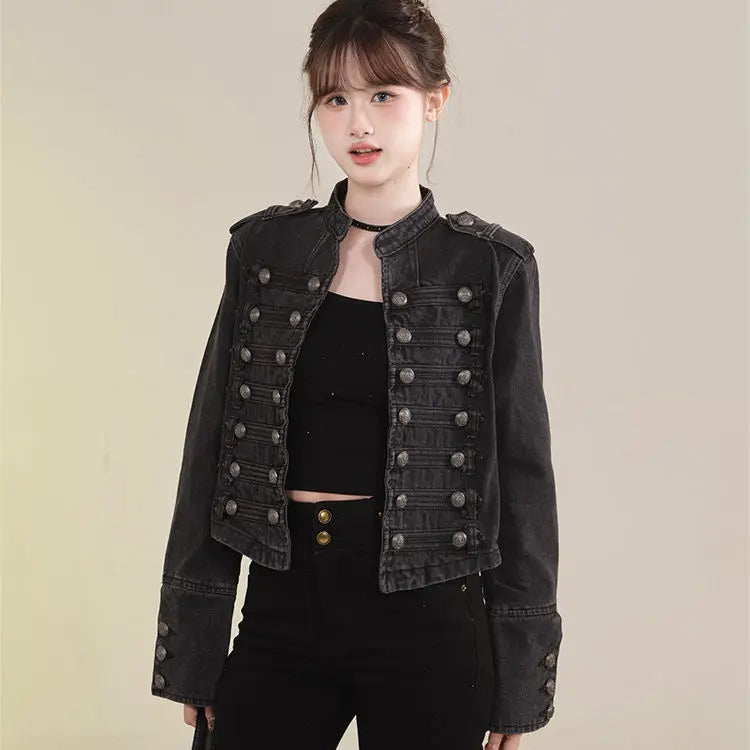 Damenbekleidung Kurzmantel Neue Jeansjacke Retro-Knopfdesign Schlanker Stehkragen Lange Ärmel Jeansoberteil Jacke Kurzmantel