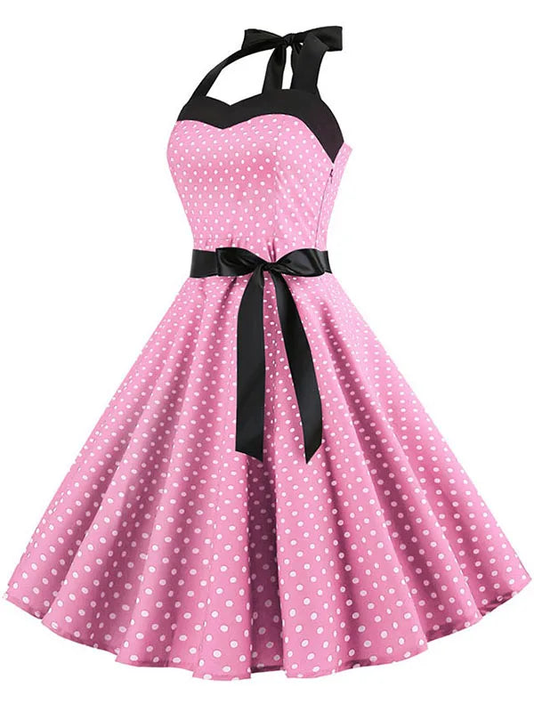 Frauen Polka Dot Print Sommer Kleid Sexy Retro Weiß Halter Vintage Kleid Robe Femme Pin Up Rockabilly Party Kleid