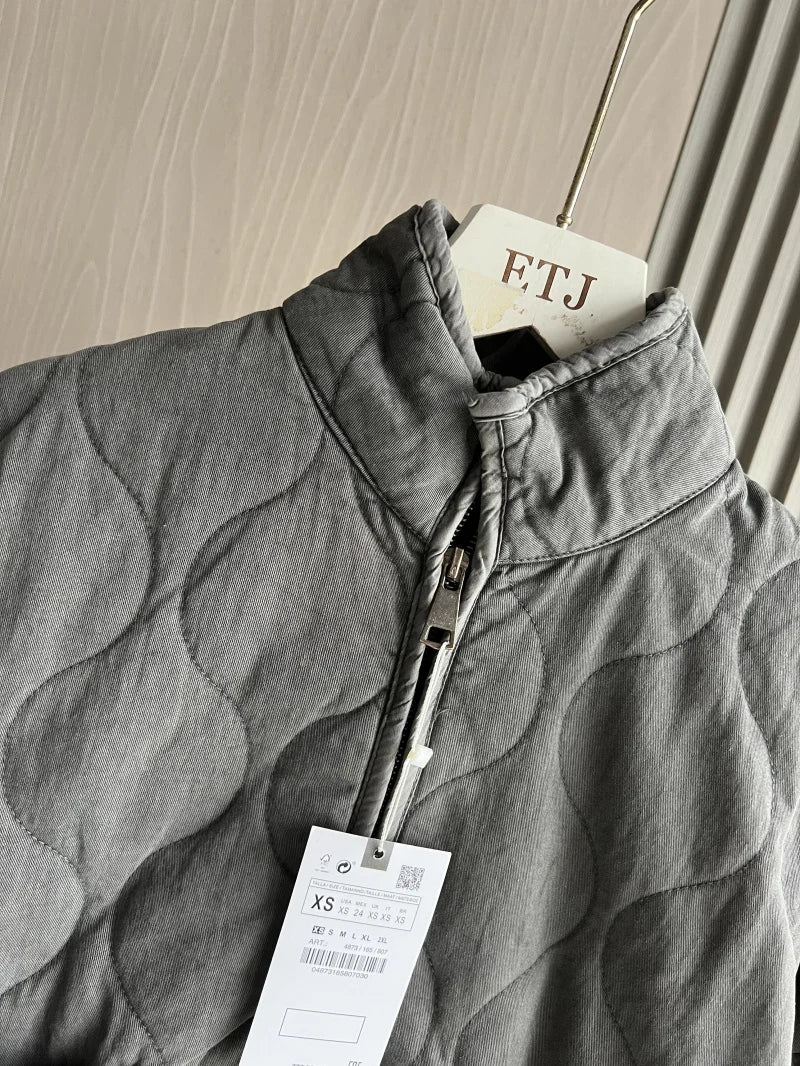Damen Polyester Gefütterte Jacke 2026 Neuerscheinung Vintage Lenzing Rayon Hochkragen Große Tasche Dekorativer Gesteppter Mantel für Frauen
