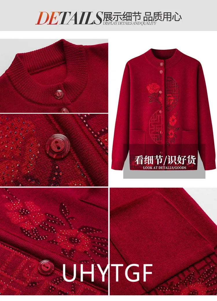 2025 Oma Pullover Frauen Frühling Herbst Pullover Mantel Mutter Strickjacke Für Frau Samt Strickwaren Weibliche Kleidung 5XL 2898