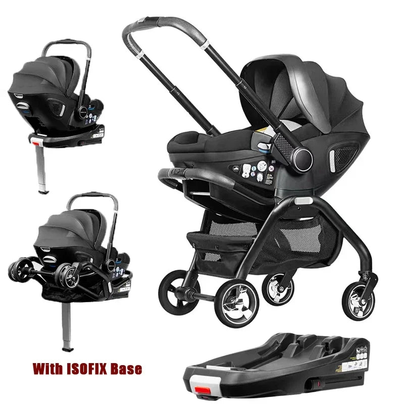 4-in-1 Kinderwagen, Luxuriöser Tragbarer Leichter Babywagen mit ISOFIX-Basis und Kindersitz für Neugeborene