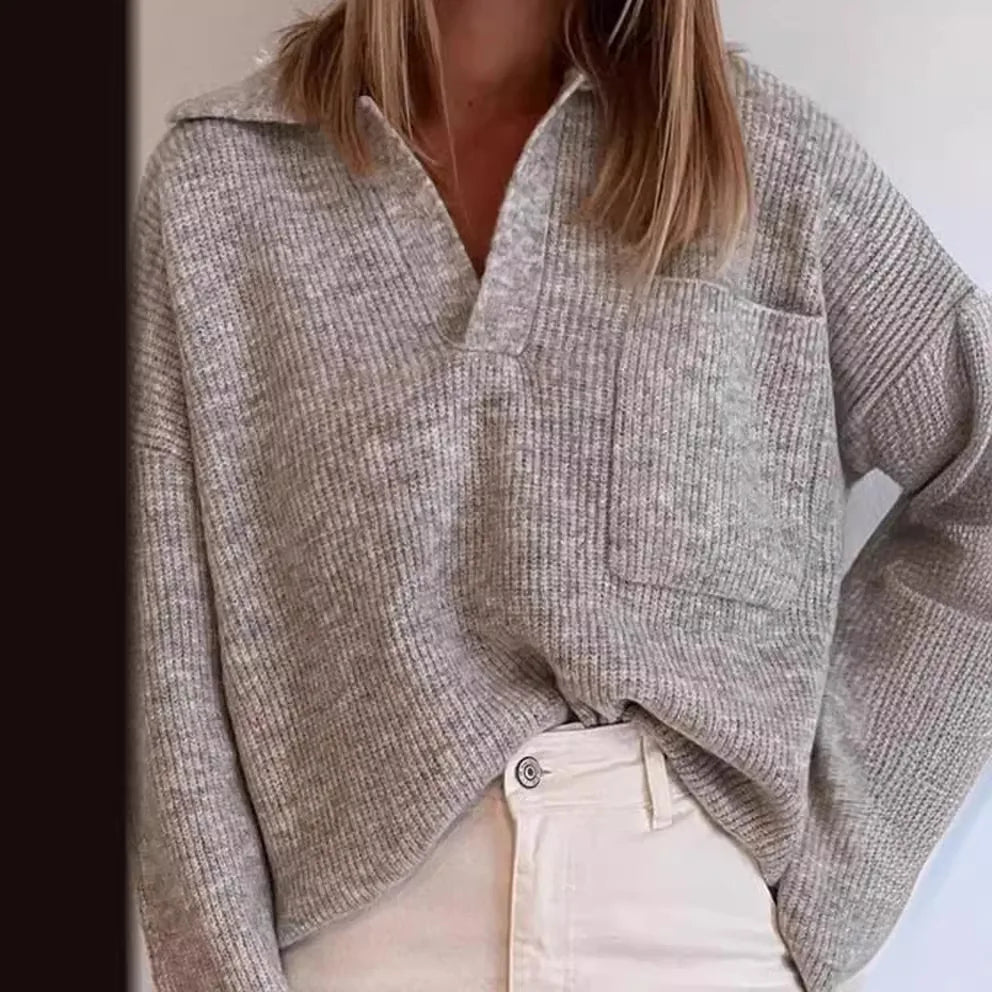 Neue Herbst Modus 2025 Pull Femme Einfarbig Tasche Stricken Lose Revers Büro Pendler Pullover Pullover Trikots Mujer Talla Grande