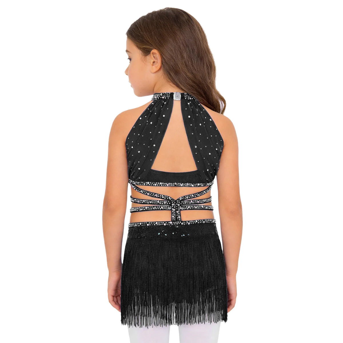 Glitzerndes Pailletten-Lateintanzkleid für Mädchen, Salsa, Jazz, Tango, ärmellos, gerüschtes Mesh-Overlay, Oberteil mit Quasten, Leotard-Kleid