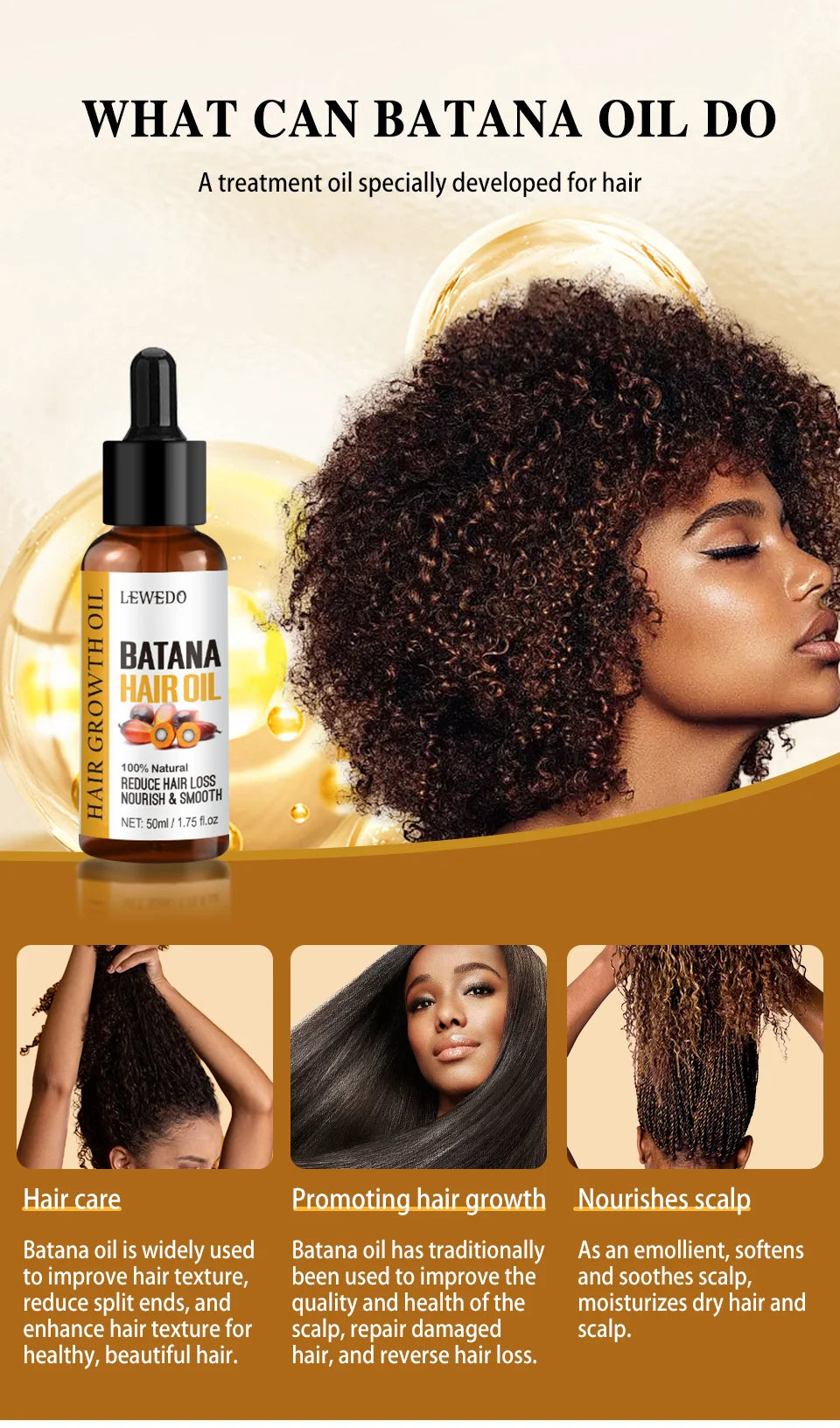 Lewedo Naturals Batana-Öl, schnelles Haarwachstum für Männer und Frauen, reines Batana-Öl, nährt glänzendes Haar, gesunde Haarpflege, Anti-Haarausfall