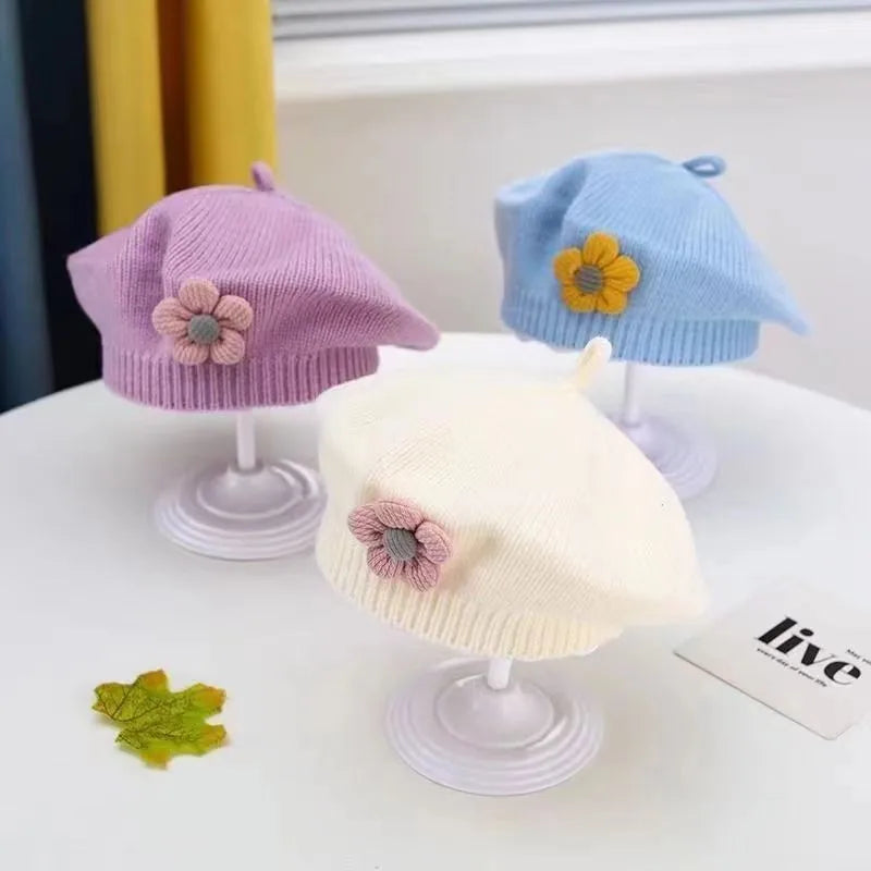 Blume Baby Baskenmütze Hut Winter Warme Gestrickte Beanie Cap für Kleinkind Mädchen Koreanische Kleinkind Prinzessin Künstler Einfarbig Maler Kappen