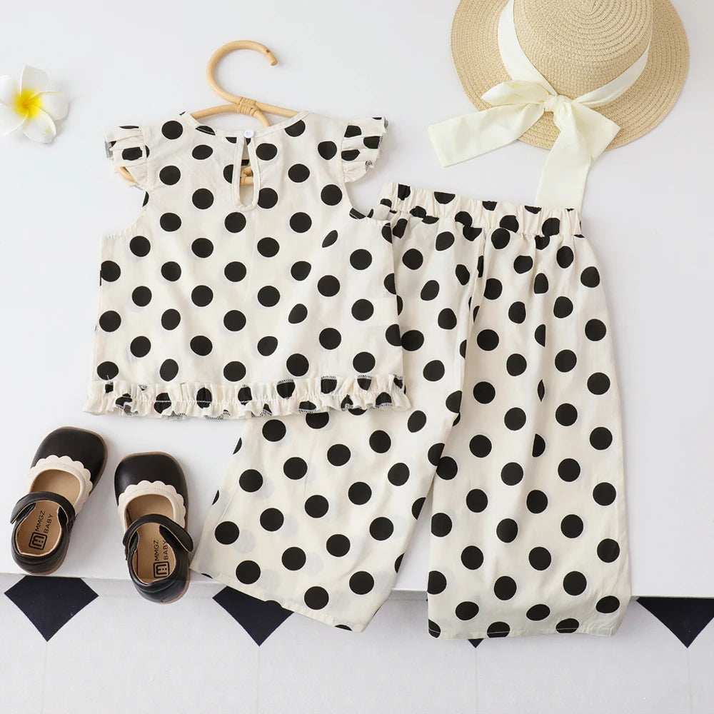 Bear Leader Baby-Mädchen-Freizeitkleidung, Rundhalsausschnitt, ärmelloses Polka-Dot-Oberteil + Hose mit weitem Bein, 2-teiliges Set mit Schleife und Knopf