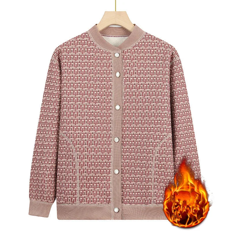 Verdicken Samt Plaid Pullover Für Frau Langarm Top Heißer Herbst Winter Oma Kleidung Warme Strickjacke Frauen Strickwaren Jacke