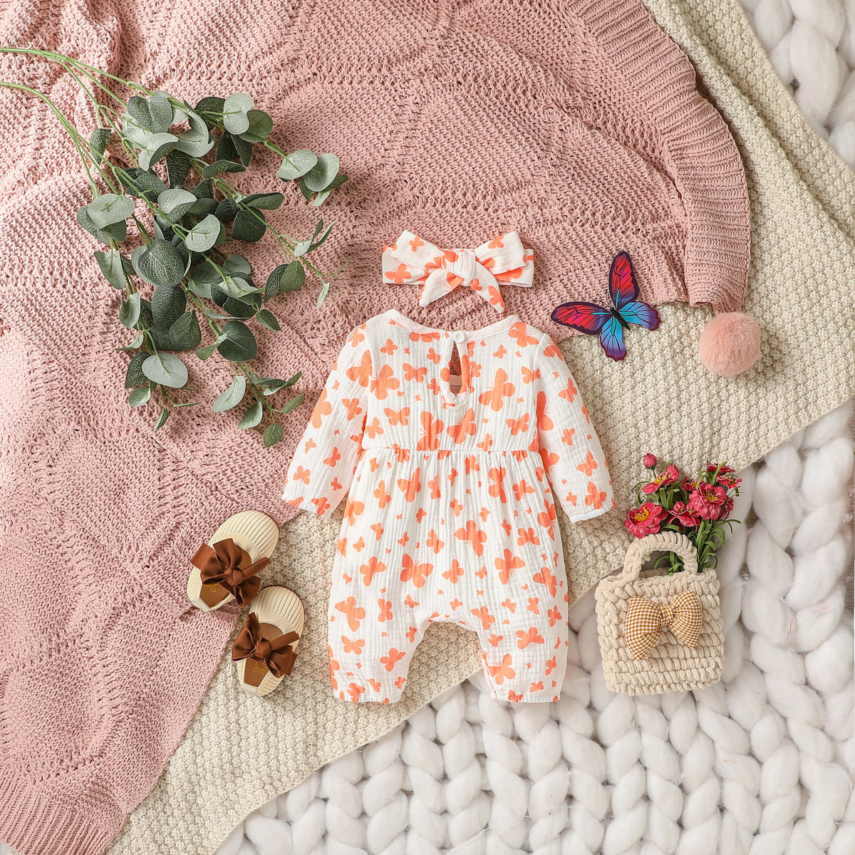 Baby-Mädchen-Overall für alle Jahreszeiten, langärmelig, mit Blumenmuster und Schleife, täglicher Overall für Neugeborene, 6 Monate Kleidung + Stirnband