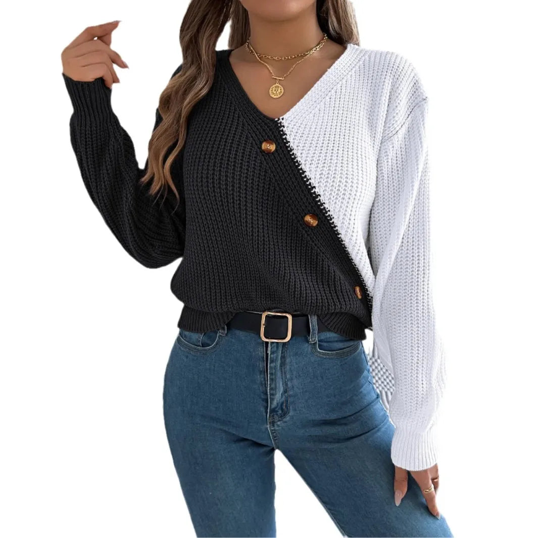 V-Ausschnitt, farbblockierender, langärmliger Strickpullover, lockerer, vielseitiger Pullover, Kazak, eleganter Pullover für Damen, Herbstmodus