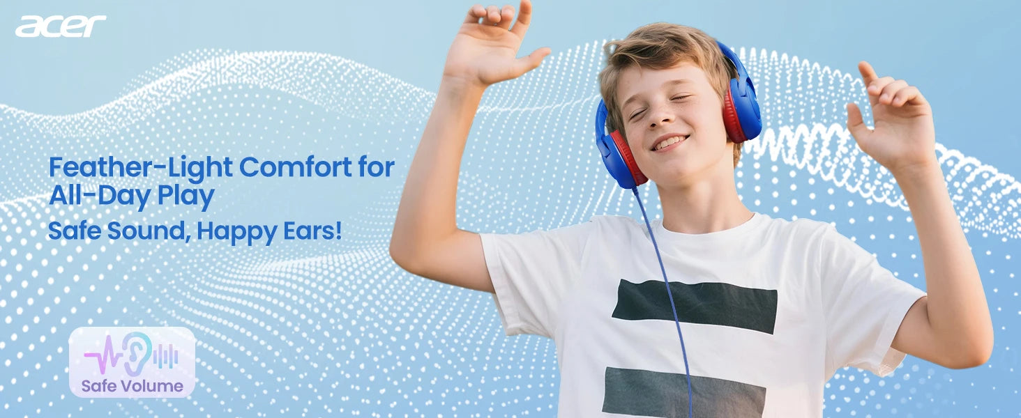 Acer Kinder-Kopfhörer, kabelgebunden, für die Schule, 85/94 dB Lautstärkeregler, faltbares Stereo-Sound-Headset für Kinder, Lerntablett, IPad, PC