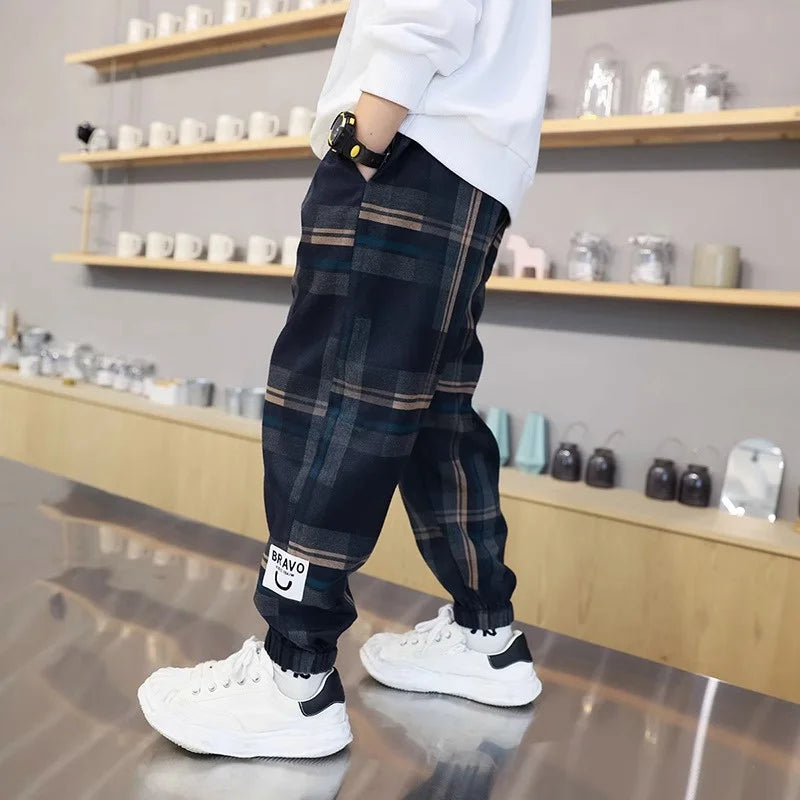 Jungen Dicke Plaid Hosen Frühling Herbst Mädchen Plus Samt Warme Kordelzug Kinder Trend Hosen Mode Teen Sport Casual Hosen 4-12Y