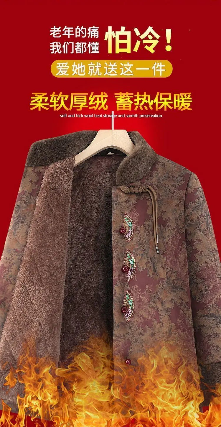 Damenmantel im chinesischen Stil mit Blumenmuster, gefüttert mit Fleece, aus Baumwolle, dicker Wintermantel, Tang-Anzugjacke für ältere Damen, Mütter und Großmütter.