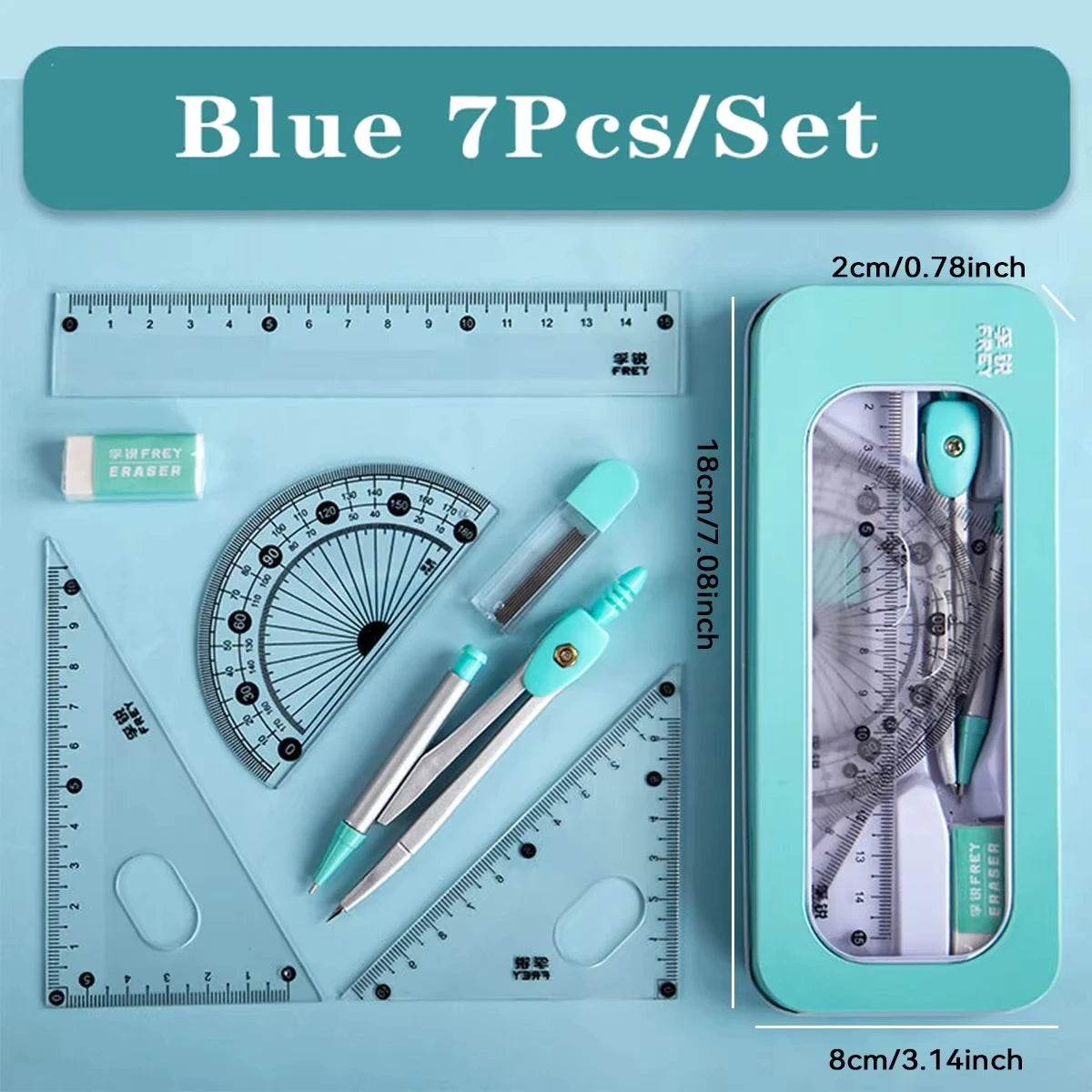 7-teiliges Kompass- und Lineal-Set, dreieckiges Lineal, Winkelmesser, Gummi, für Studenten, Prüfungen, spezifisches Lineal, Box-Set, Lineal-Set, Schule beginnt