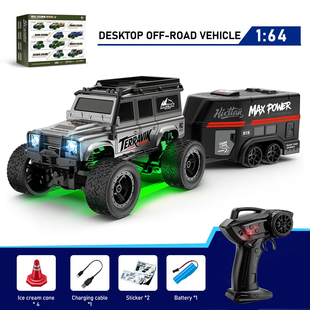 1:64 ferngesteuertes Geländewagen, 2,4 G Mini-Desktop-Fernbedienung, Spielzeugauto mit Abschleppkasten, Weihnachtsgeschenk für Kinder