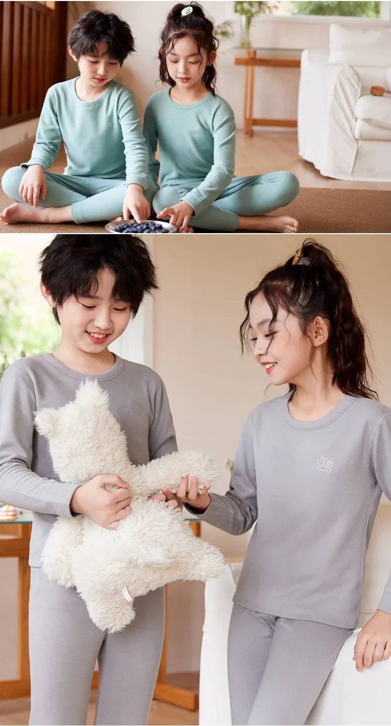 Herbst Winter Teenager Kinder Thermo-Unterwäsche Set Dicker doppelseitiger gebürsteter Stoff Jungen Mädchen Daunenseide Warme Unterwäsche Lange Unterhosen